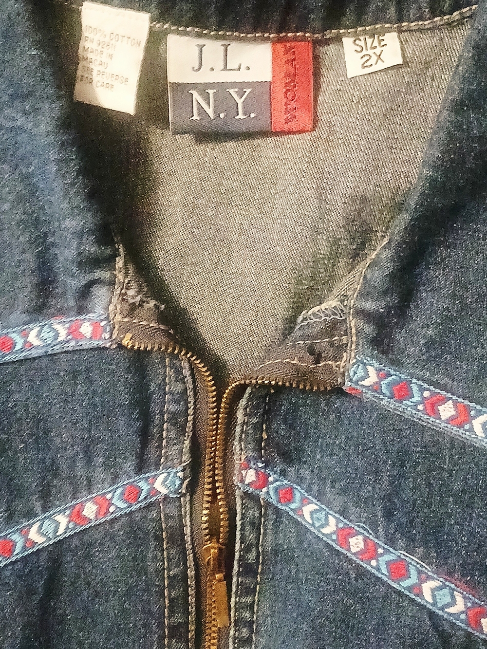 Womens 2x Dark Blue Denim Dress with Embroidered Trim